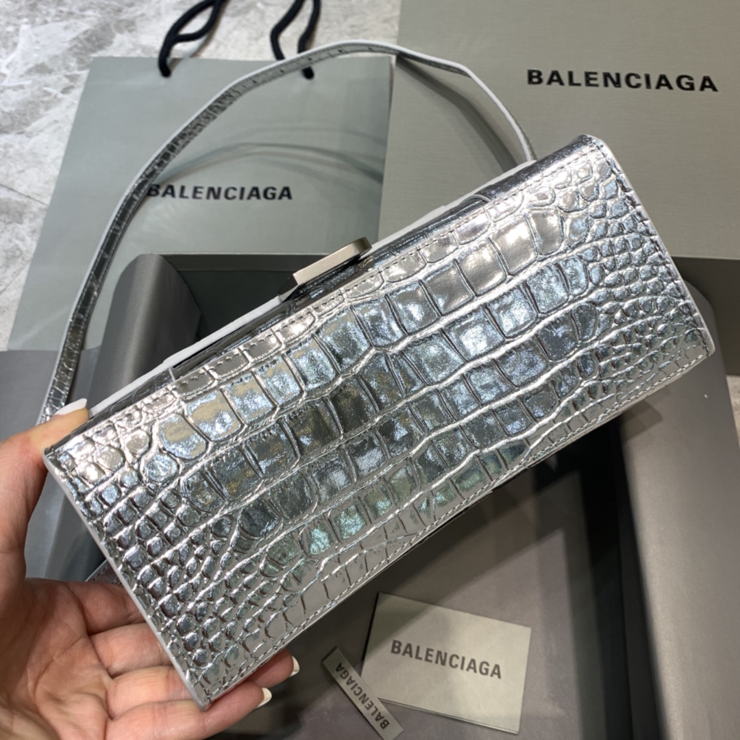 Balenciaga Hourglass Small Handbag Crocodile Embossed Shoulder Bag Silver